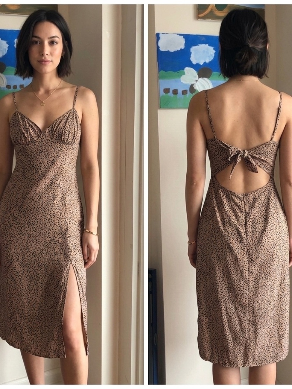 Women’s Brown Spotted Midiq Dress with Back Tie